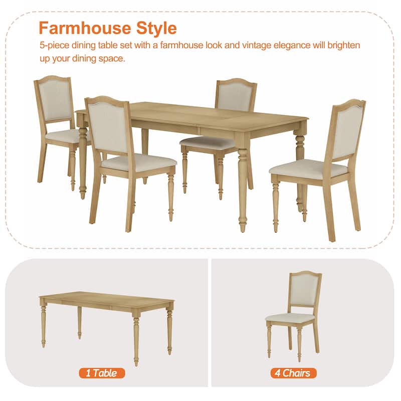 Farmhouse Dining Table Set, Wood Dining Table & Upholstered Chairs,Oak
