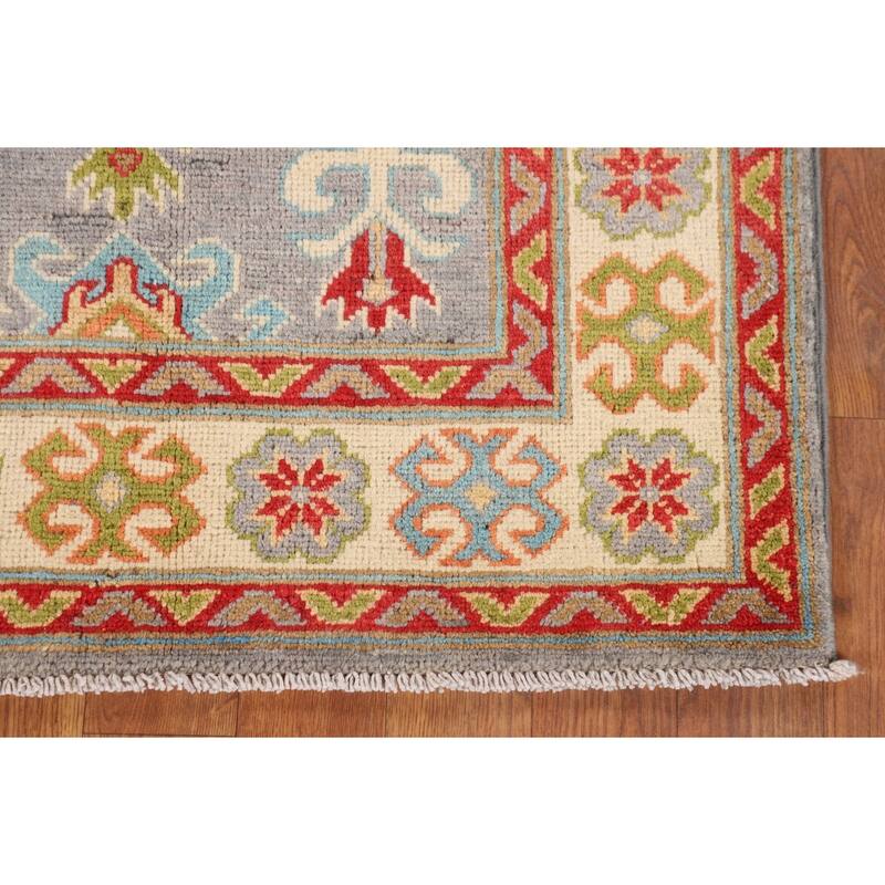 Gray Geometric Kazak Oriental Accent Rug Handmade Wool Carpet - 2'8" x 3'11"