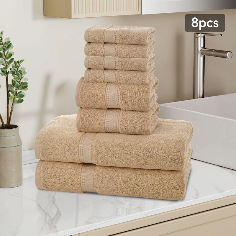 Extra Large 8 Pieces Bath Towel Set, 100% Cotton Highly Absorbent Towels for Bathroom - Camel
