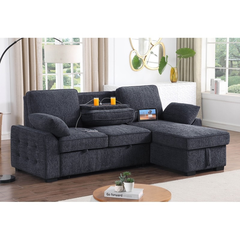 Mackenzie 91"W Chenille Fabric Reversible Sleeper Sectional with Storage Chaise, Drop-Down Table, Cup Holders & Charging Ports