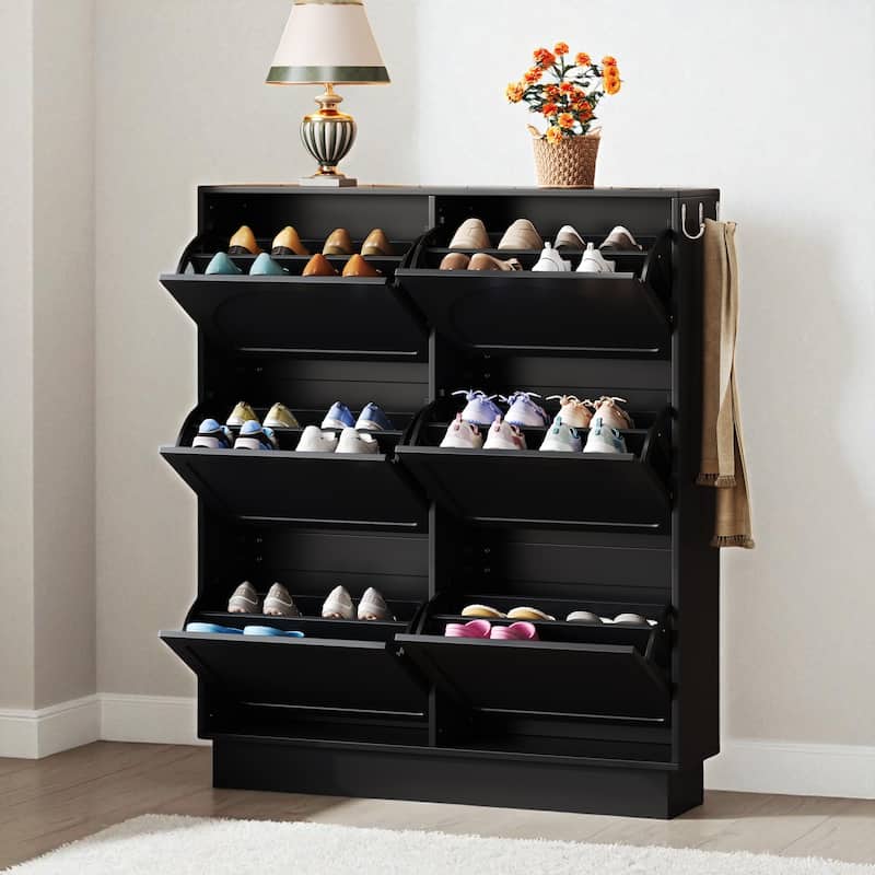 Narrow Shoe Cabinet with 6 Flip Drawers, Adjustable Partitions, Entryway Organizer with Hooks, MDF Veneer Finish