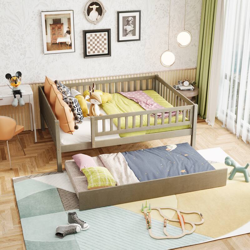 Wood Daybed with Trundle and Fence Guardrails