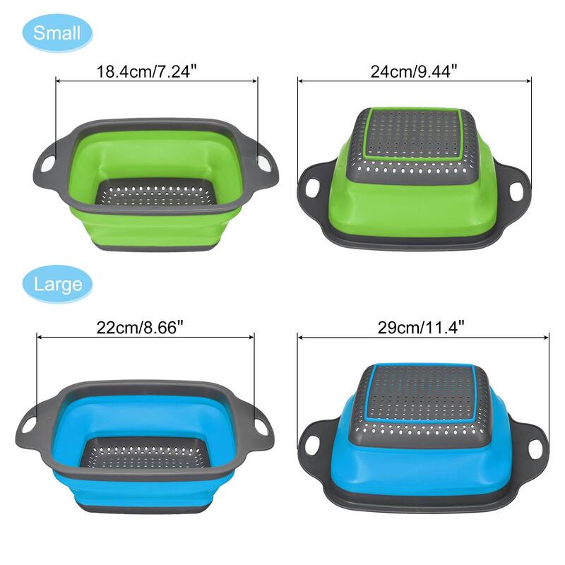 Collapsible Colander 2 Size Silicone Square Strainer - blue green - 29cm x 22cm x 9cm