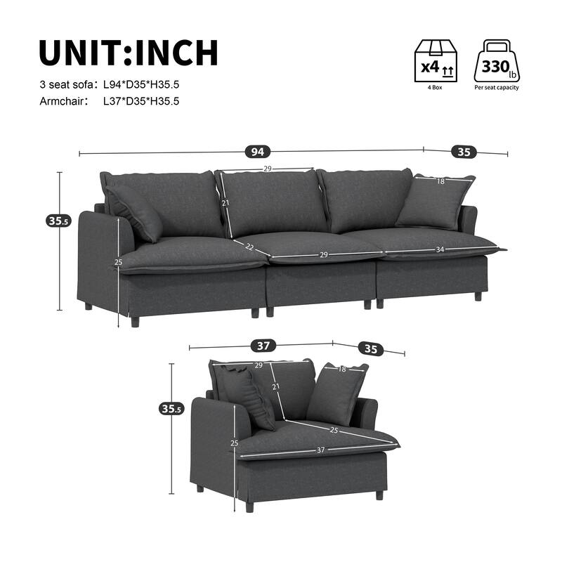 2-Piece Chenille Modular Sofa Set (3+Armchair) with Skirt Edge & Spring Cushions