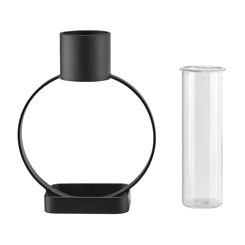 Danya B. Jacob Modern Black Metal Open Circle Pedestal Clear Glass Tabletop Vase