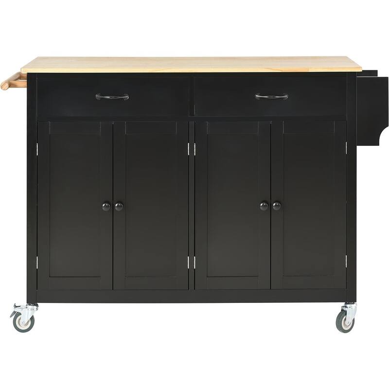Kitchen Island Cart with Solid Wood Top, Locking Wheels, Spice & Towel Rack - Black