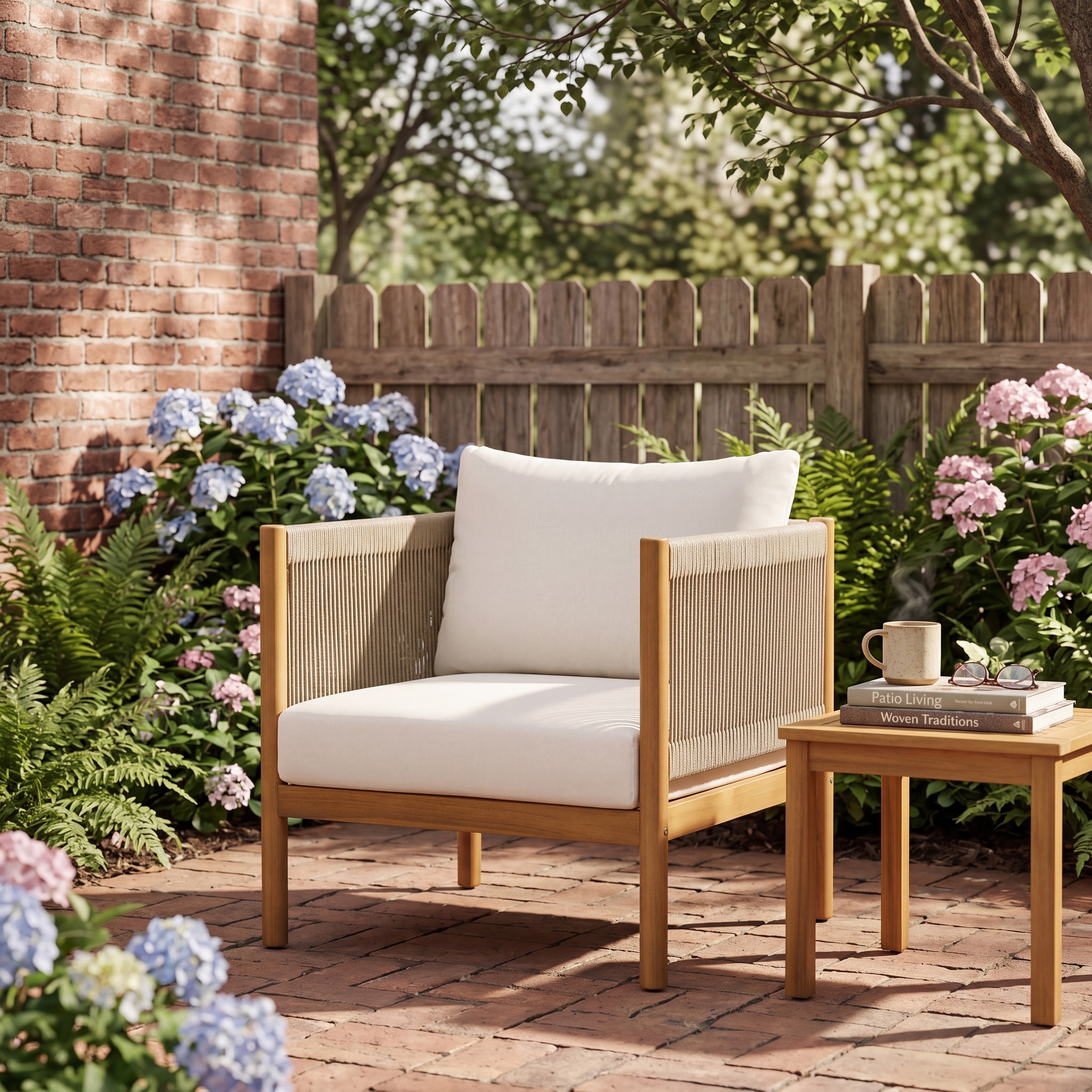 Outdoor Club Chair with Teak-Look Acacia Frame and Cream Cushions