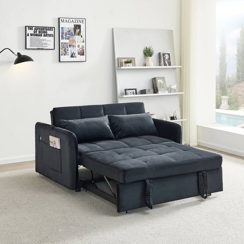 3 in 1 Sleeper Sofa Couch Bed, Pull Out Loveseat with StorageTwins Velvet Convertible Sofa Couch with 2 Pockets & USB Ports