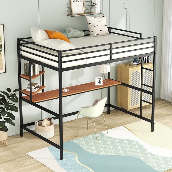 slide 2 of 18, Full-Size Metal High Loft Bed with Built-in Desk&Shelf, Full Bed Frame Black - Full