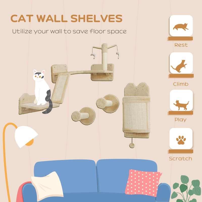 PawHut 4pc Corner Design Cat Wall Shelf for Indoor Cats, Beige