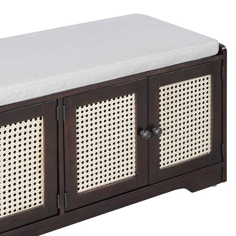 Rustic 47.4" Storage Bench Multifunctional Wooden Entryway Organizer with Removable Cushion and Rattan Doors