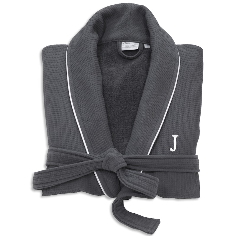 Authentic Hotel and Spa Dark Grey Unisex Turkish Cotton Waffle Weave Terry Bath Robe with White Block Monogram - S/M - J