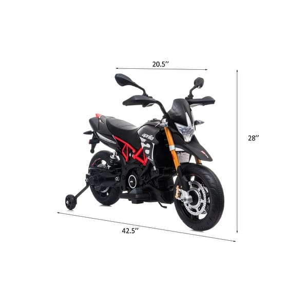 dimension image slide 0 of 2, Licensed Aprilia Electric Motorcycle, 12V Kids Motorcycle, Training Wheels, LED Lights, Sounds & Music