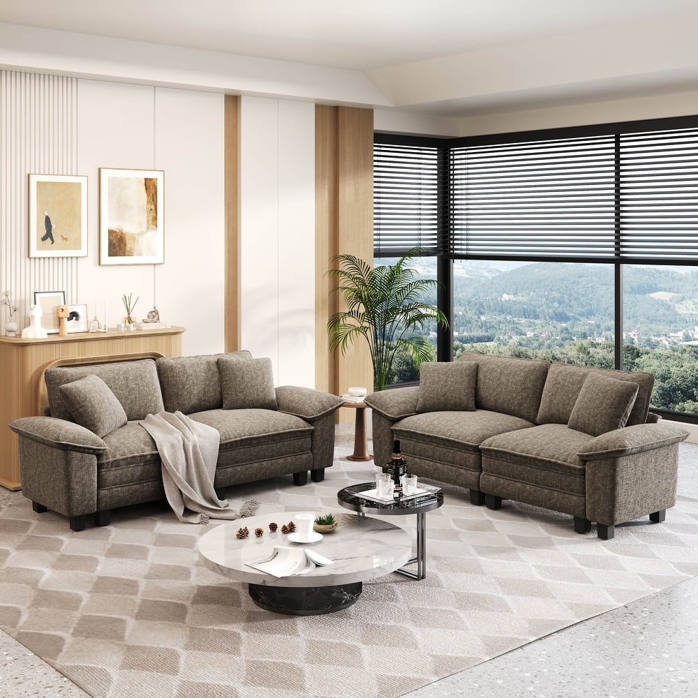 MAISON ARTS 2-Piece Chenille & Corduroy Sofa Set, Comfy 3/4/5-Seater Modular Loveseat & Armchair with Throw Pillows