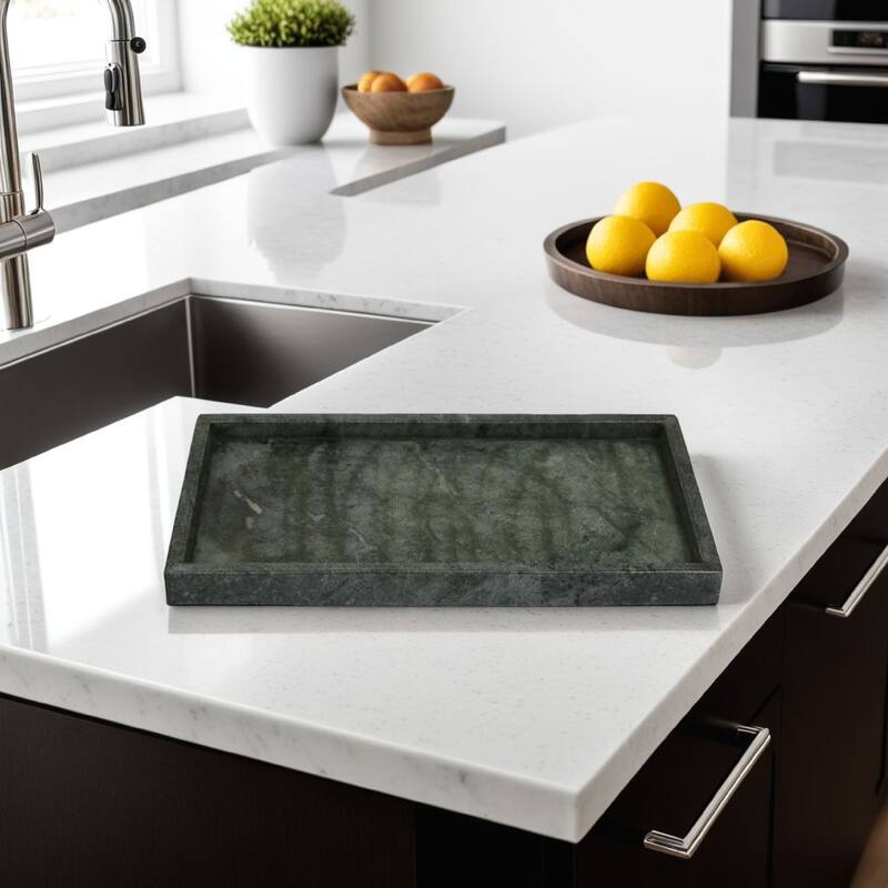 Honx Foyer Accessory Tray, Raised Lip Edges, 14 Inch Dark Green Marble