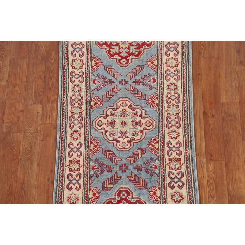 Light Blue Kazak Oriental Runner Rug Hallway Hand-Knotted Wool Carpet - 2'1" x 5'9"