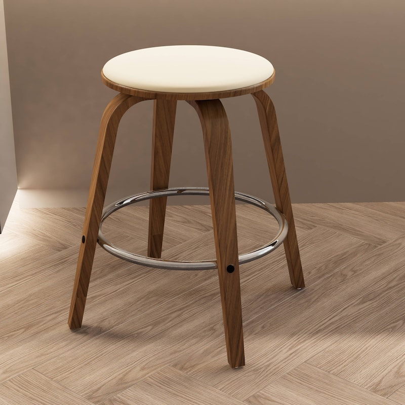 Leather Counter Stool Swivel Round Seat Poplar Wood Frame Iron Foot Rest