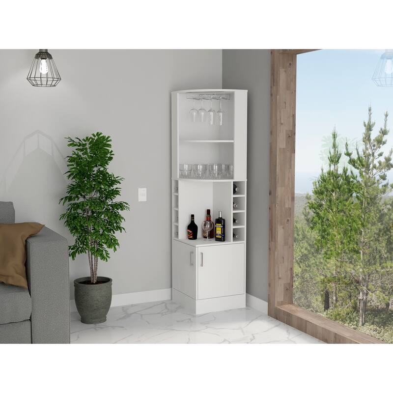 FM Furniture The Seattle Corner Bar Cabinet with 3 Open Shelves, Glass Rack, 8 Bottle Cubbies, and Double Doors - White