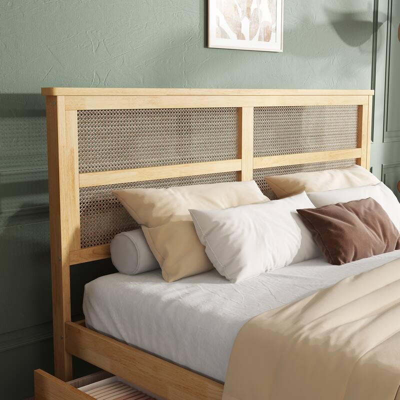 Queen Platform Bed with Rattan Headboard, 2 Drawers, Solid Rubber Wood Frame
