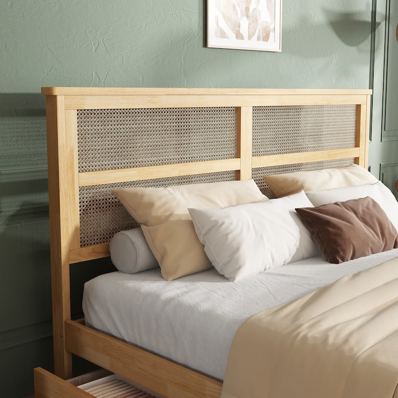 Rattan Headboard King Size Bed with Storage Drawers, Rubber Wood Frame in White Oak