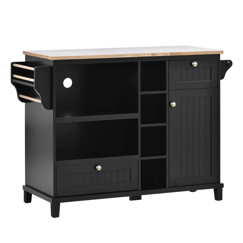 Rubberwood Kitchen Cart with Microwave Storage Rack, Exterior Shelves, and Two Drawers