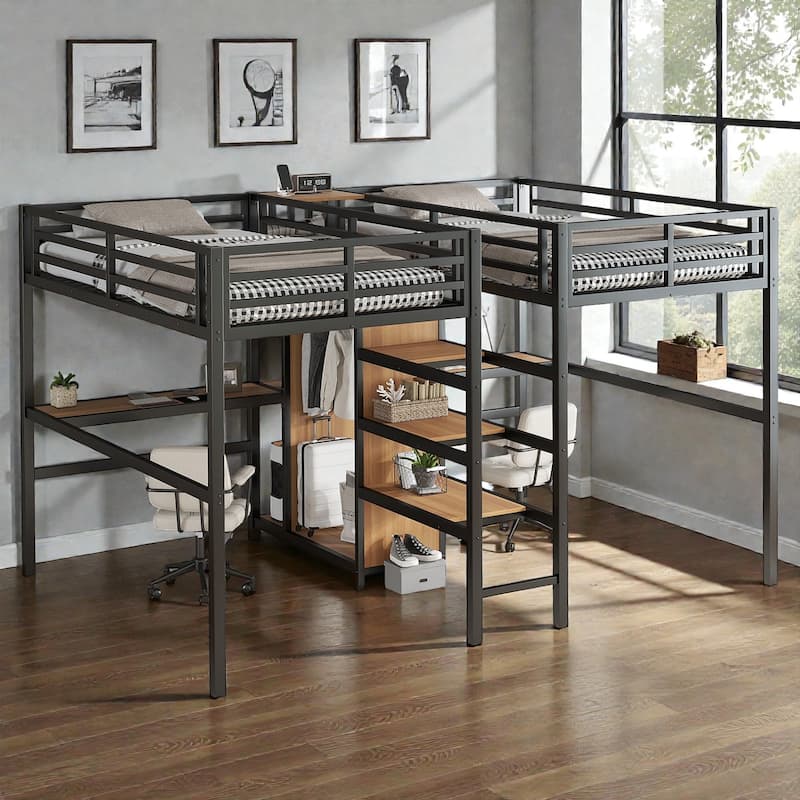 Twin Over Twin Metal Loft Bed with Double Desk, Wardrobe, Shelves and Power Outlets, Space-Saving Design - Natural Wood - Twin