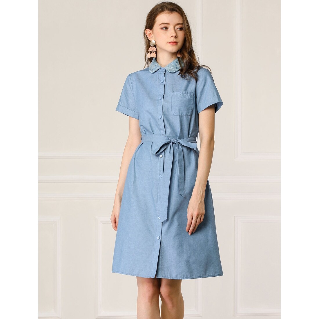 Shop Allegra K Women S Peter Pan Collar Belted Denim Shirt Dress
