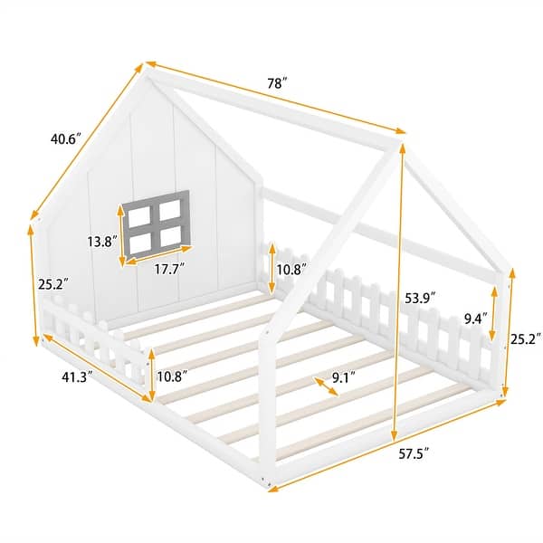 dimension image slide 0 of 2, Full Size Wood House Bed with Window and Fence,