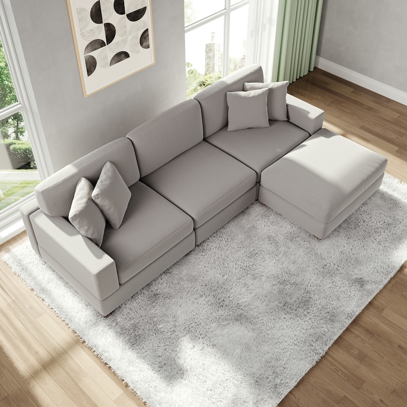 Modular Corduroy Sectional Sofa Set Chaise Couch with Ottoman
