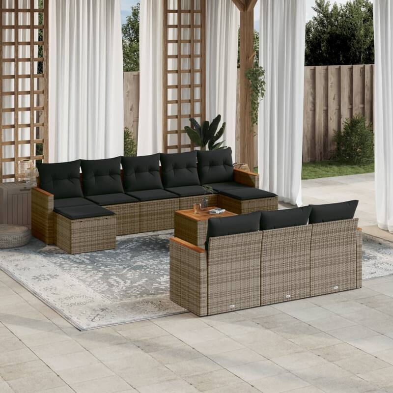 vidaXL Patio Sofa Set with Cushions Outdoor Conversation Furniture Poly Rattan - Gray with table - 24.4 x 24.2 x 27.2 in