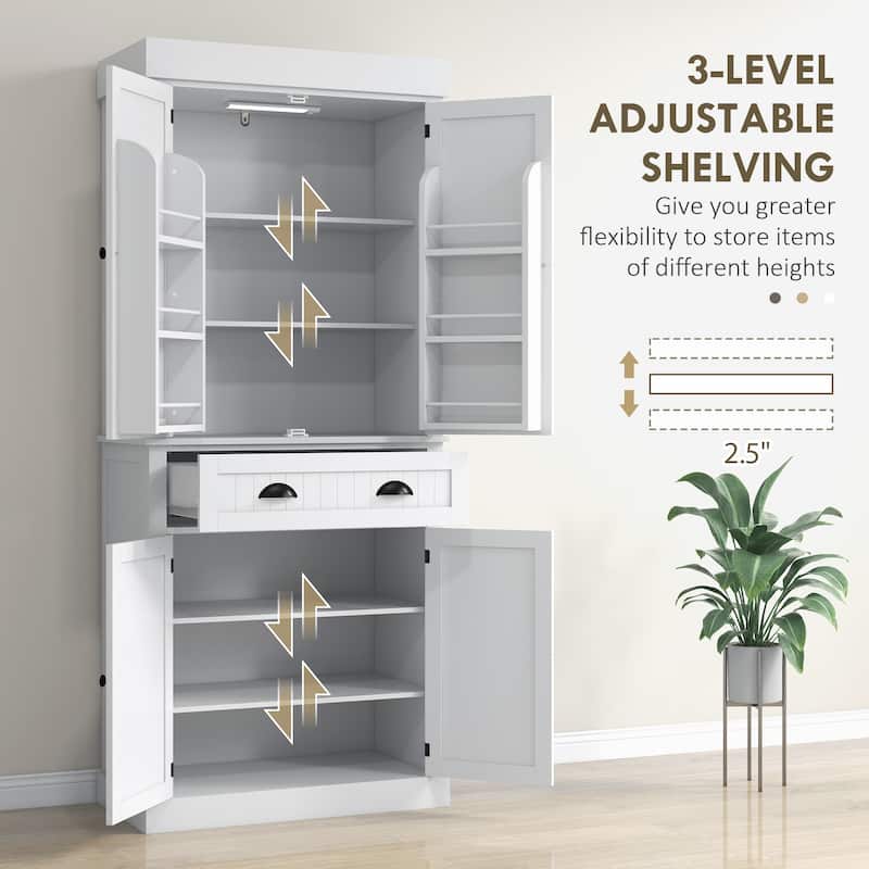 Tall Kitchen Pantry Cabinet with Adjustable LED Light and Drawer Shelves for Organized Storage - 30.1" W x 15.7" D x 71.3" H