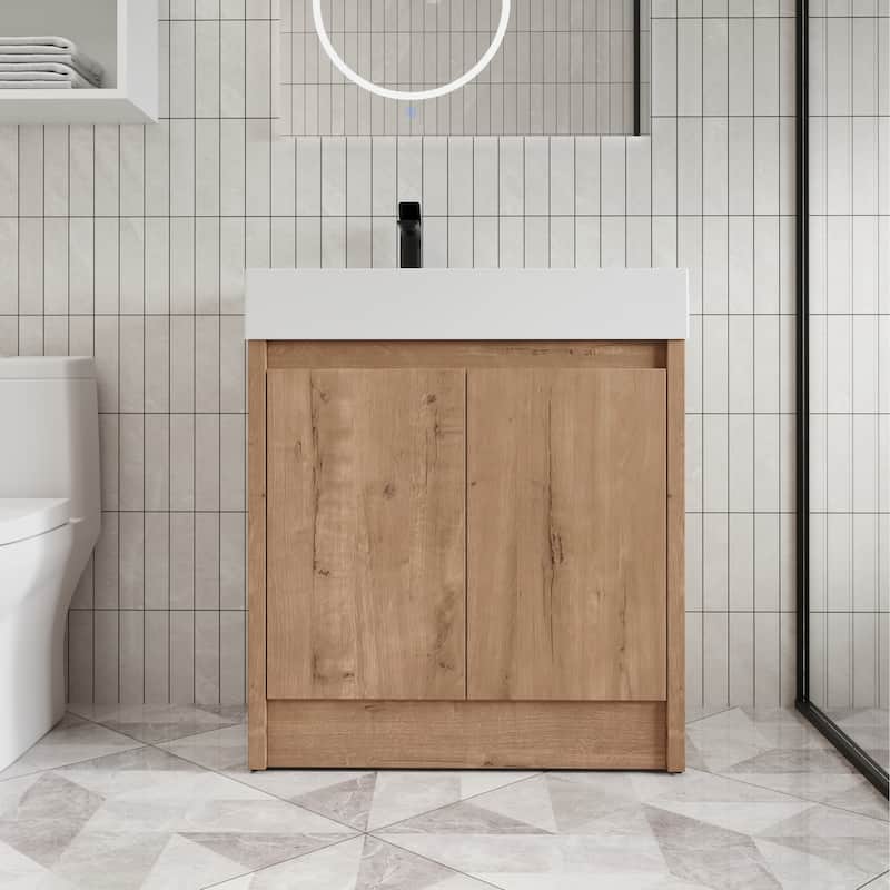 Beingnext 24"/30"/48"/60" Bathroom Vanity with Sink, Freestanding Bathroom Vanity with Soft Close Door - 29.5"W x 18.1"D x 35"H - Imitative Oak with left basin