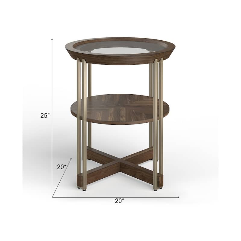 Magnussen Home Elora Walnut And Tarnished Silver and Clear Glass Round End Table - 20''W x 20''D x 25''H