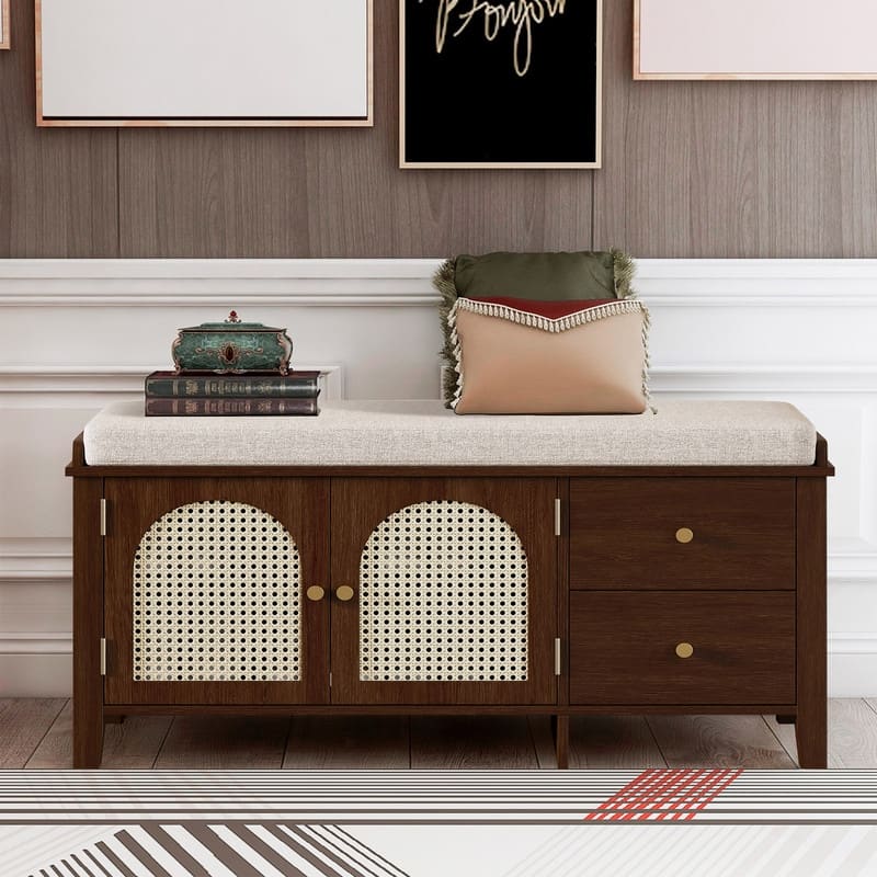 Retro Shoe Storage Bench with Drawers and Cushion for Entryway or Living Room Organization