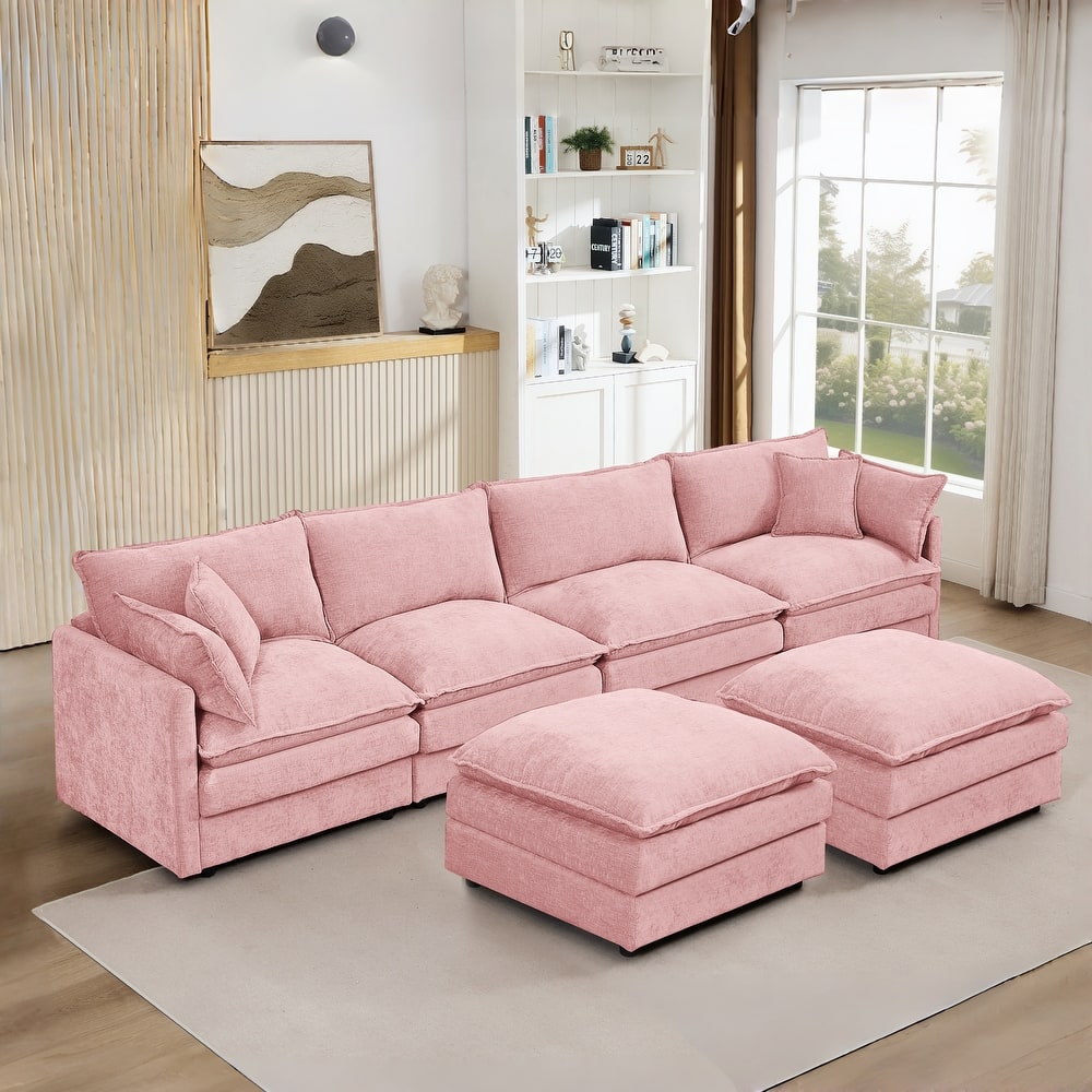 U Shaped Modular Sectional Sofa with Movable Ottoman, Comfy Chenille 4-Seater Cloud Couch, High-Resiliency Foam Deep Seat Sofa