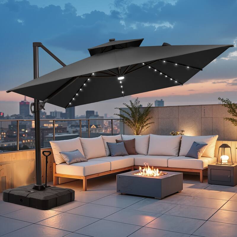 10 X 13 FT Outdoor Patio Cantilever Umbrella with Solar Lights Rod Wheel Base Double Canopy 360 Rotation Tilt - Black