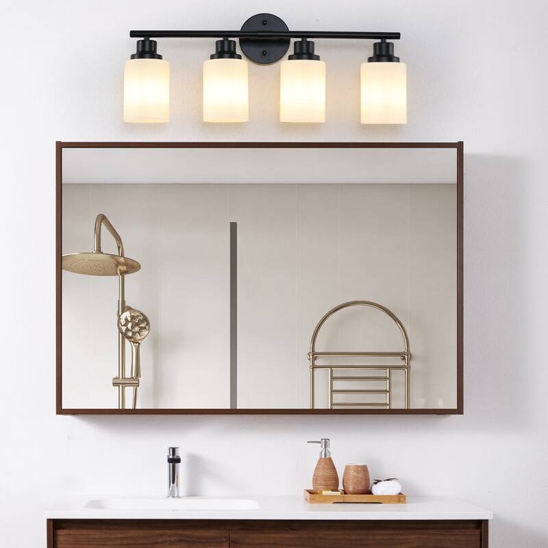 24" Modern 4-Light Vanity Wall Sconce, with Frosted Glass Shades for Bathroom or Hallway Lighting (No Bulbs) - Black