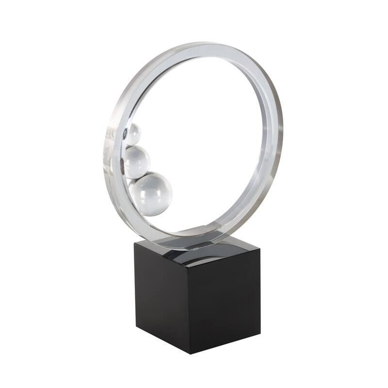 Clear Glass Ring Abstract Decorative Sculpture with Clear Orbs and Black Square Base