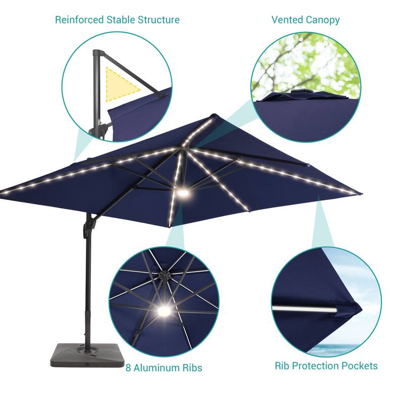 BONOSUKI 10x10FT LED Cantilever Patio Umbrella Angle Adjustment w/Base