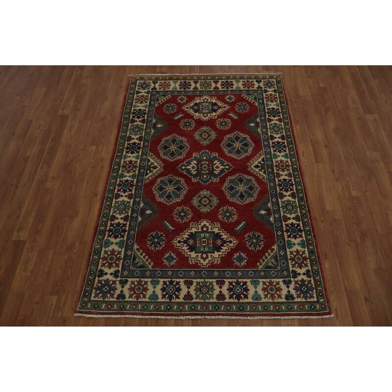 Hand Knotted Oriental 100% Wool Carpet Traditional Geometric Red Kazak Area Rug - 6' 1'' X 4' 0''