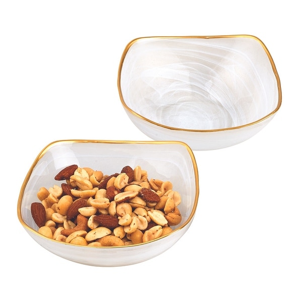 Pair of White Alabaster 6" Square Glass Bowls With Gold Rim. Opens flyout.