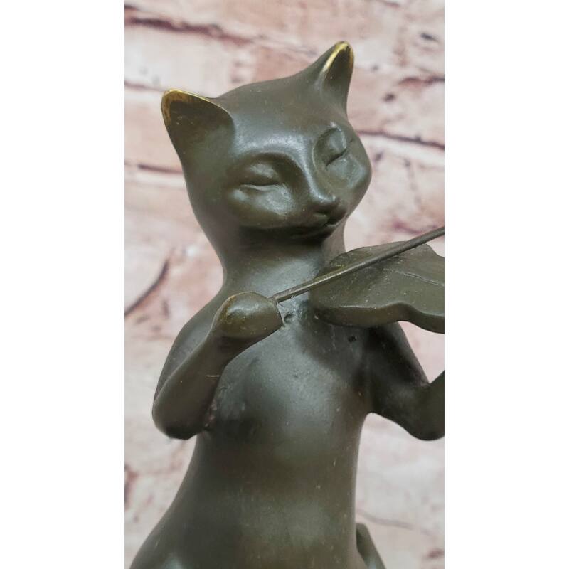 Bronze Cat Playing Violin – Musical Feline Statue On Marble