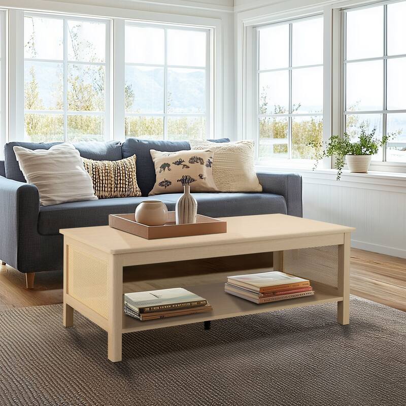Chelsea Square Ashlyn 2-Tier Coffee Table with Rattan Sides & Spacious Open Shelf Storage - 21.75x16