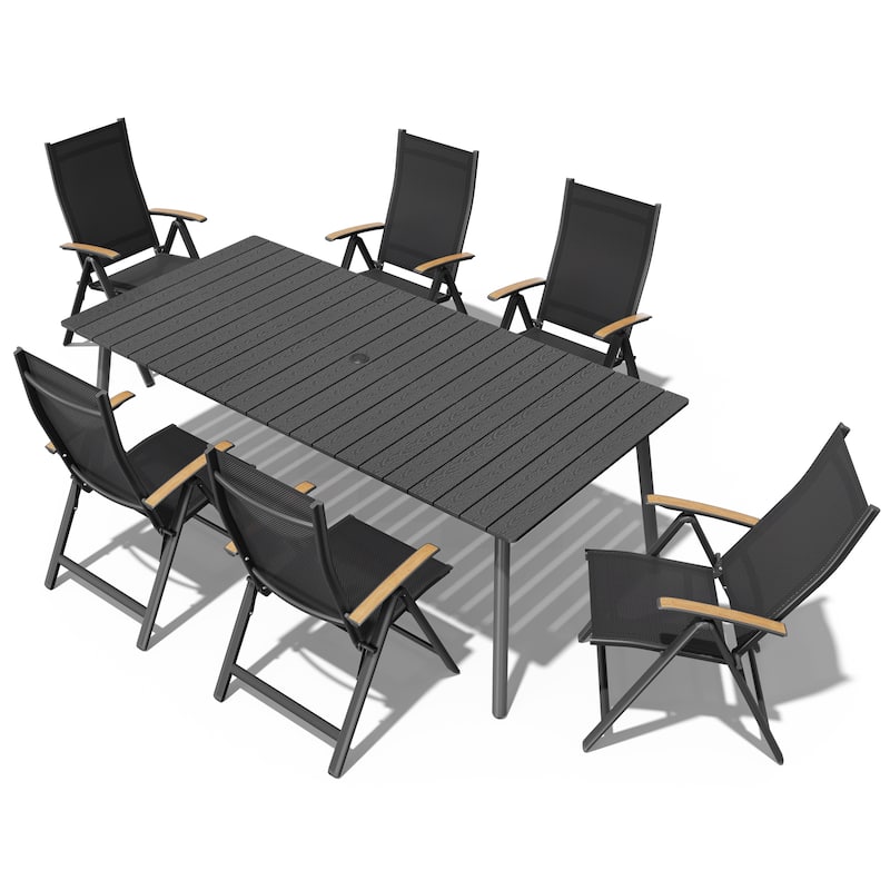 7/9-Piece Outdoor Rectangle Aluminum Dining Table with Umbrella Hole include Folding Chairs