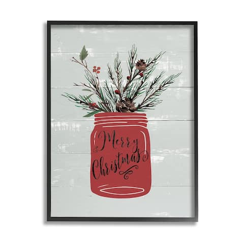 Stupell Industries Red Merry Christmas Country Jar Winter Holly Pine Framed Wall Art - Blue