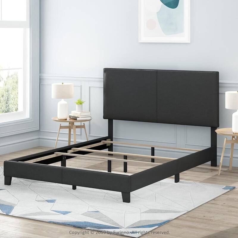 King Bed Frame Upholstered Black PU Leather Platform Bed Modern Glam Style