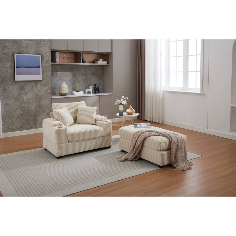 Corduroy Sofa Set with Ottoman, Handrail Storage & Cup Holders