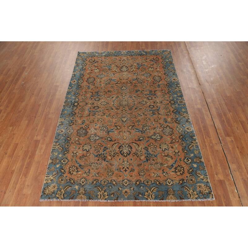 Distressed Floral Tabriz Persian Rug Hand-Knotted Orange Wool Carpet - 5'5"x 8'8"