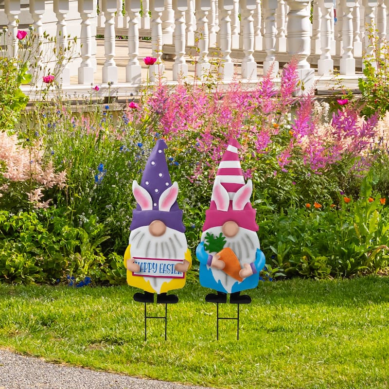 Happy Easter Gnomes Outdoor Garden Stakes - 27" - Set of 2
