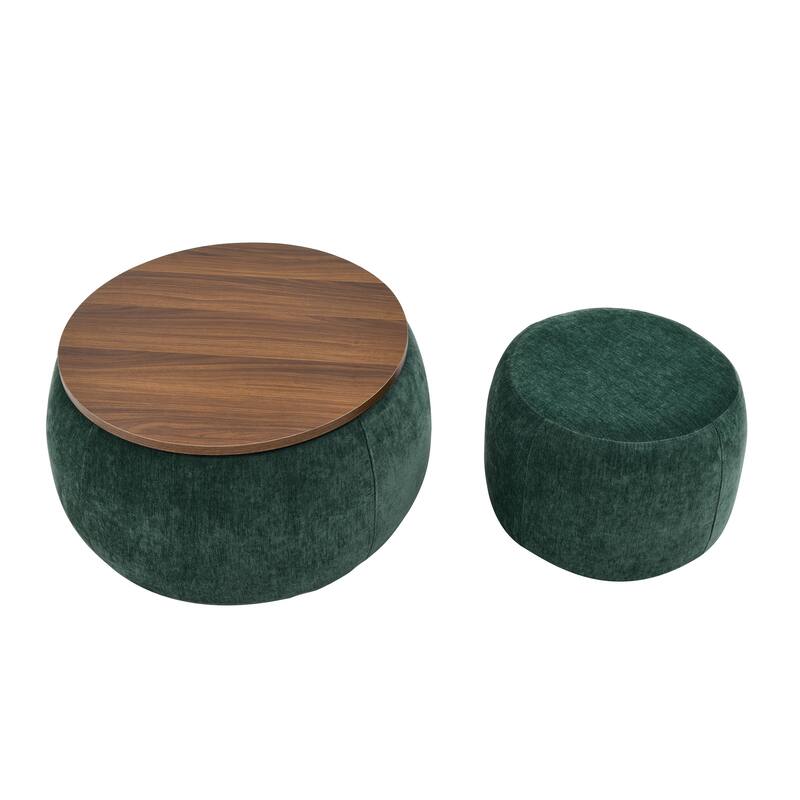 Roomfitters Round Storage Ottoman with Small Seat, 2-in-1 Design Serves as End Table or Footrest, Accent Furniture